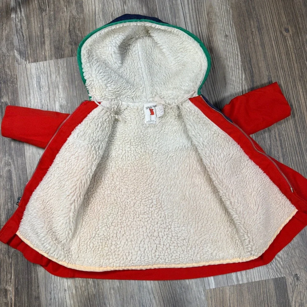 Vintage Koala Way Kids Red Navy Sherpa Lined Floral Applique Hooded Coat Size 3